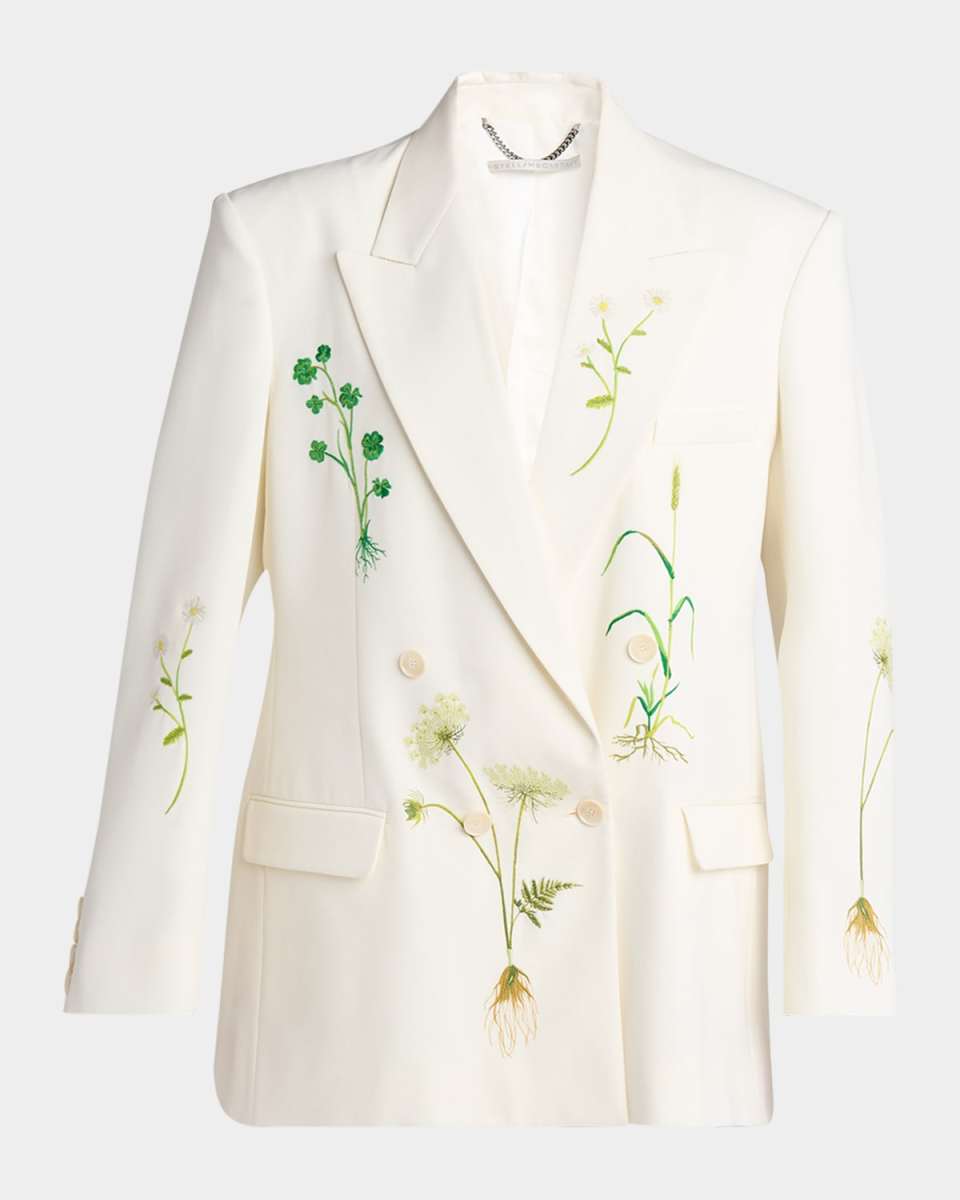 Floral Embroidered Oversized Double Breasted Wool Blazer
